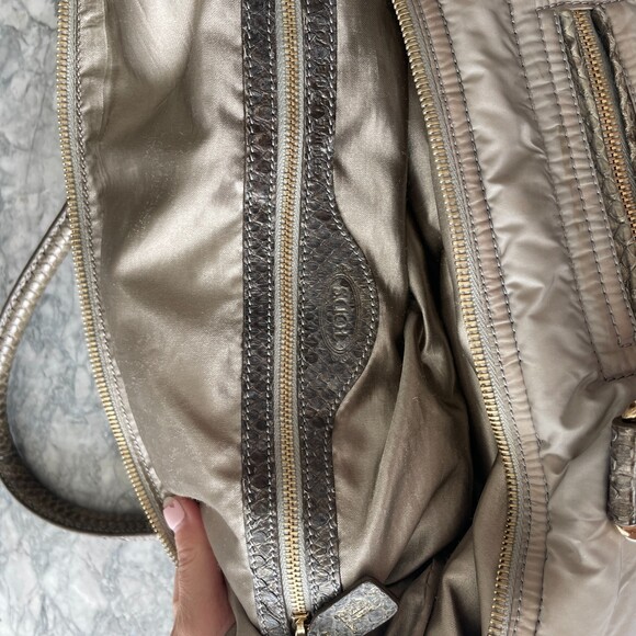 Tod's Nylon and Snakeskin Leather Top Handle Tote Shoulder Bag Grey - Picture 6 of 9